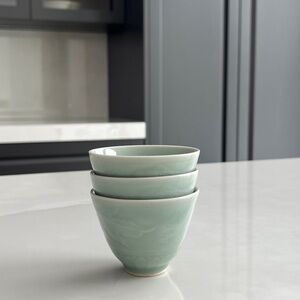 Longquan Celadon Tea Cups, Set of 3. Koi Fish and Lotus Flower Celadon Sake Cups